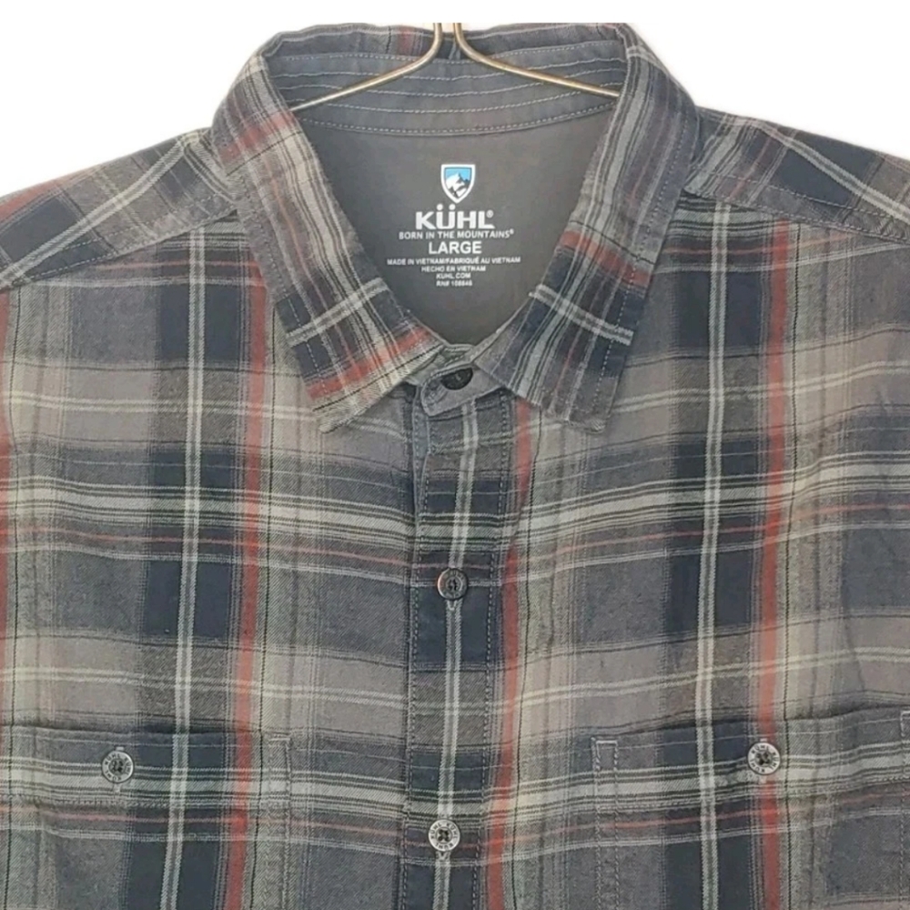 Kuhl Fugitive Flannel Shirt Men Sz Large Gray Dark Plaid Biker Gorp Work Preppy